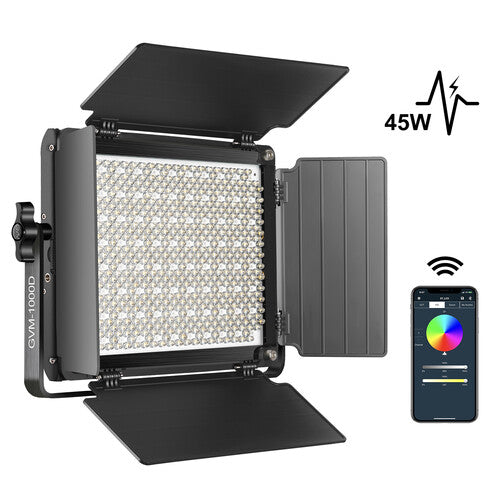 GVM 1000D Panel LED RGB para estudio 6000 Lux 12.5x12.5 pulgadas con barndoor y estuche