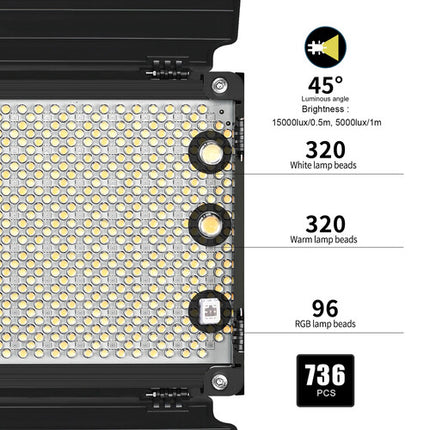 GVM 1000D Panel LED RGB para estudio 6000 Lux 12.5x12.5 pulgadas con barndoor y estuche
