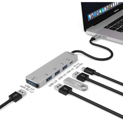 EZQuest 4 Puerto concentrador USB 3.0 con USB Tipo C PD 3.0 100W y cable integrado 9"