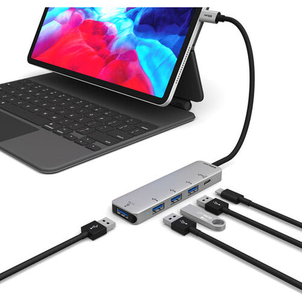 EZQuest 4 Puerto concentrador USB 3.0 con USB Tipo C PD 3.0 100W y cable integrado 9"