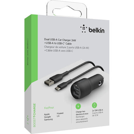 Cargador de Coche Belkin Boost Charge 24W USB Tipo A con Cable USB A y USB C