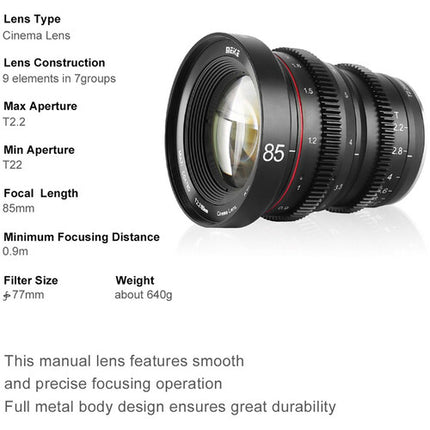 Meike 85mm T2.2 Objetivo de Cine Manual Montura MFT 35" Distancia Mínima 77mm Filtro