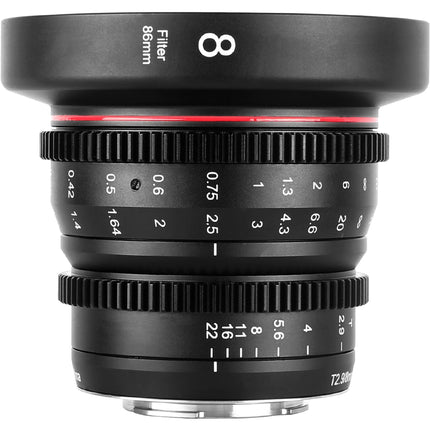 Meike 8mm T2.9 Lente Cine Gran Angular Manual MFT 16mm Equivalente Apertura T2.9