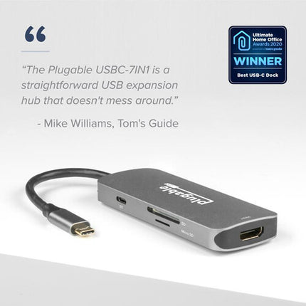 Plugable 7-en-1 USB-C Hub con HDMI 4K 3 Puertos USB-A y Lector SD