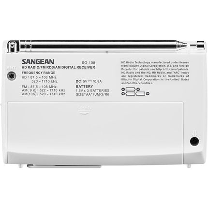 Sangean SG-108 Radio portátil HD AM FM con pantalla digital y 40 memorias