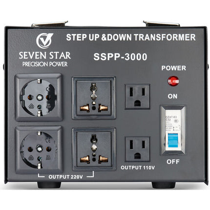 Sevenstar Precision Power 3000W Transformador de Voltaje con 5 Enchufes y Asa Integrada