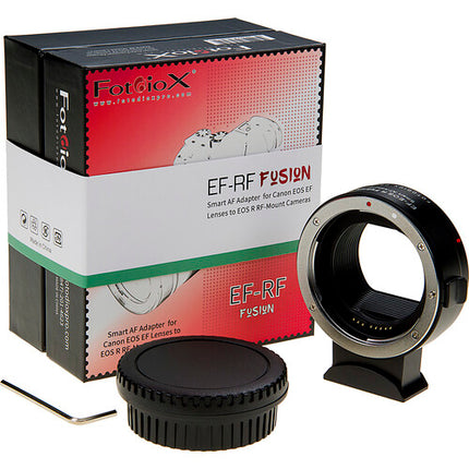 FotodioX Pro Fusion Smart Adapter para lentes Canon EF y EF-S a cámaras RF con estuche de madera
