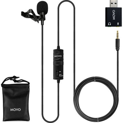 Movo Photo LV1-USB Micrófono Lavalier Universal 3.5mm con Adaptador USB y Cable 6m