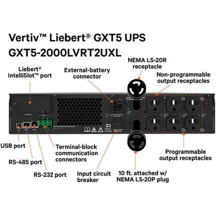 VERTIV Liebert GXT5-2000LVRT2UXL UPS con 2000 VA 1800W y montaje en rack