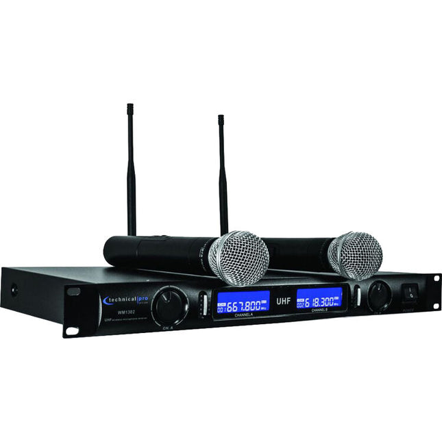 Technical Pro WM1302 Sistema de Micrófono Inalámbrico Doble Canal 197' Alcance 6 Horas Batería