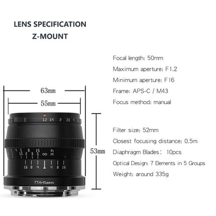 TTArtisan 50mm f/1.2 Lente para Nikon Z Z-Mount 75mm APS-C