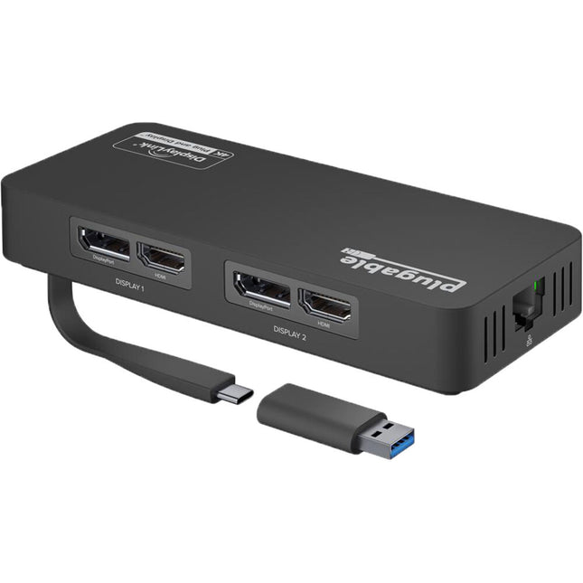 Plugable Adaptador USB-C USB-A a Doble HDMI DisplayPort 4K 60Hz Ethernet Gigabit