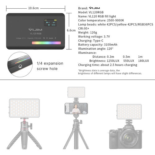VIJIM VL120 LED RGB Luz con Rango de Temperatura 2500-9000K y Difusor de Silicona