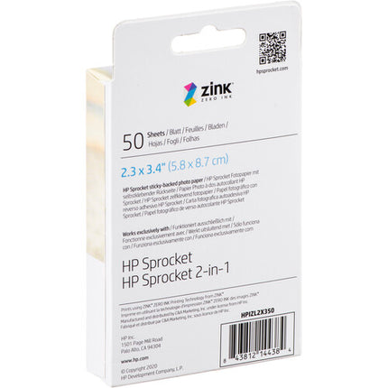 HP Sprocket Papel Fotográfico Zink Adhesivo 2.3 x 3.4 Pulgadas 50 Hojas