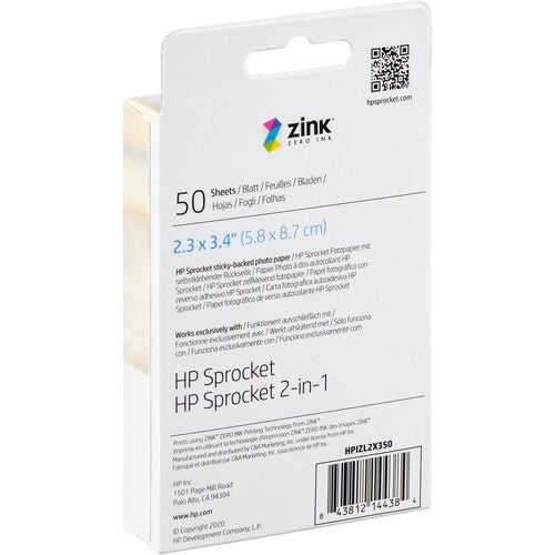 HP Sprocket Papel Fotográfico Zink Adhesivo 2.3 x 3.4 Pulgadas 50 Hojas
