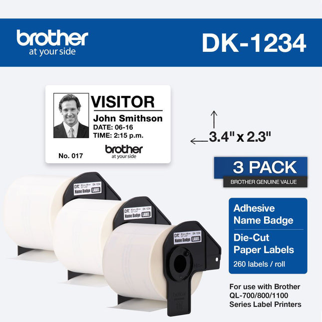 Brother DK1234 Etiquetas de papel troqueladas blancas 260 etiquetas 2.3 x 3.4 pulgadas 3 paquetes