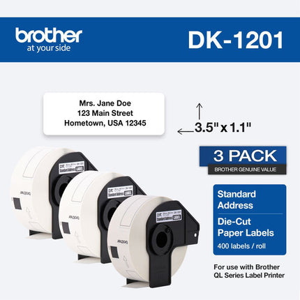 Brother DK1201 Etiquetas Adhesivas Troqueladas 400 Unidades 1.1 x 3.5 Pulgadas Paquete de Tres