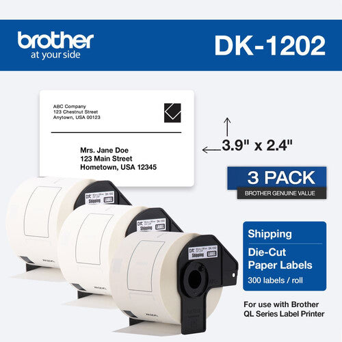 Brother DK1202 Etiquetas de Papel Troqueladas Blancas 300 Etiquetas 2.4 x 3.9 Pulgadas 3-Pack