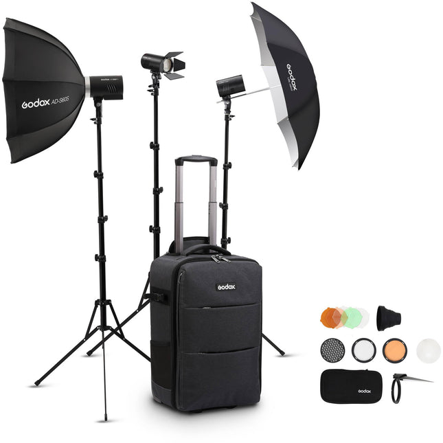 Kit de Iluminación Godox AD300Pro y AD100Pro 3 Luces con Paraguas Plata y Softbox