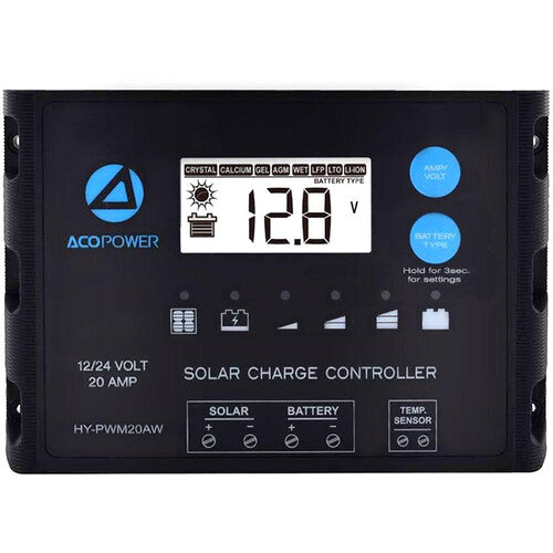 ACOPower Waterproof ProteusX 20A Controlador Solar PWM con Pantalla LCD y 5 Etapas de Carga