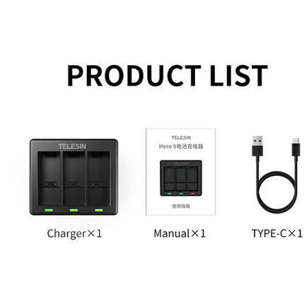 TELESIN Cargador de Baterías 3 Canales para GoPro HERO9 Carga Rápida 2A USB Tipo-C