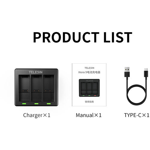 TELESIN Cargador de Baterías 3 Canales para GoPro HERO9 Carga Rápida 2A USB Tipo-C