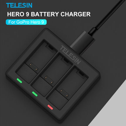 TELESIN Cargador de Baterías 3 Canales para GoPro HERO9 Carga Rápida 2A USB Tipo-C