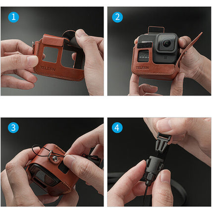TELESIN Funda de Cuero Sintético Negra con Correa para GoPro HERO8 resistente y con acceso a puertos
