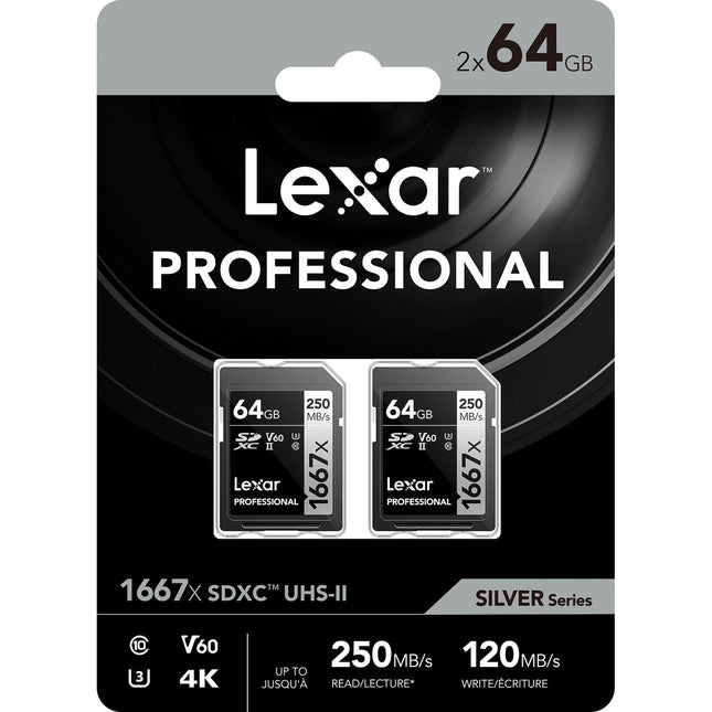 Lexar 64GB Professional 1667x UHS-II SDXC Tarjeta de Memoria 2-Pack 250MB/s Lectura 120MB/s Escritura