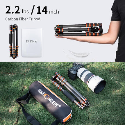 K&F Concept BA225 Trípode Fibra de Carbono 2.2 lb 18 a 60" Altura ajustable