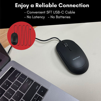Macally Ratón Óptico USB Tipo-C con Clic Silencioso 800-2400 DPI Negro