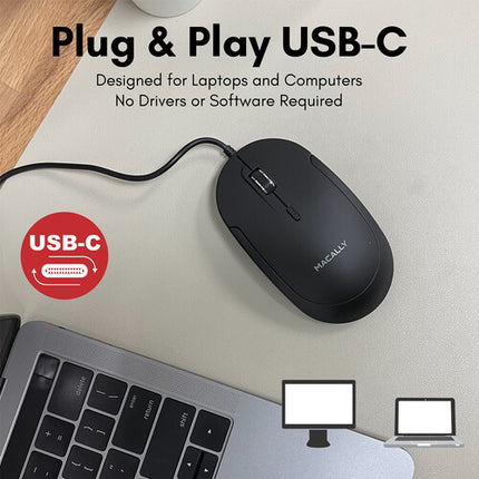 Macally Ratón Óptico USB Tipo-C con Clic Silencioso 800-2400 DPI Negro