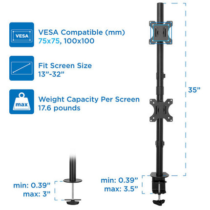 Mount-It! Soporte Vertical Doble para Monitores 13 a 32" con Ajuste de Altura y Gestión de Cables