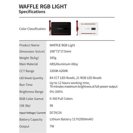 YC Onion WAFFLE Pro Luz LED RGB Recargable 2900mAh 3200-6200K Ajustable
