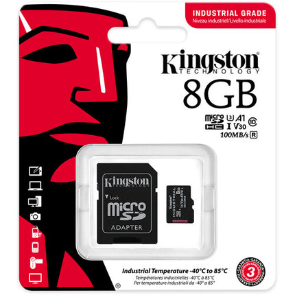 Kingston 8GB Industrial microSDHC tarjeta memoria UHS-I 100MB/s con adaptador SD