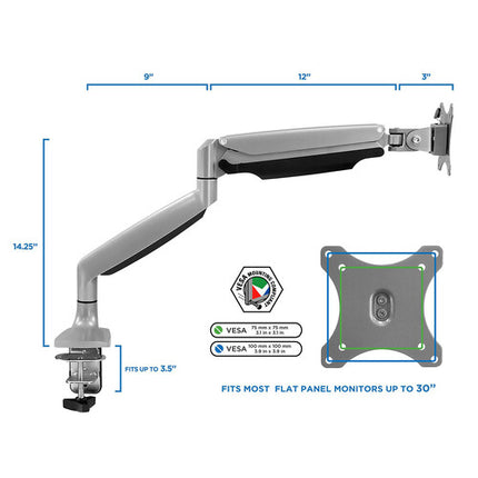 Mount-It soporte de brazo para monitor de escritorio pantalla 13 a 27 pulgadas plata ajuste altura 13 pulgadas y extensión 24 pulgadas