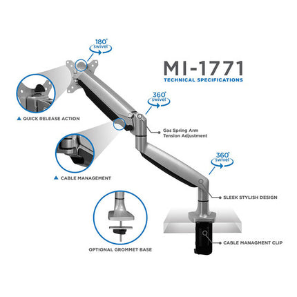 Mount-It soporte de brazo para monitor de escritorio pantalla 13 a 27 pulgadas plata ajuste altura 13 pulgadas y extensión 24 pulgadas