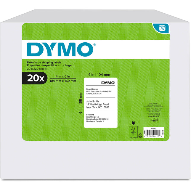 Etiquetas para envíos Dymo Extra Large 4XL 5XL 4 x 6 pulgadas 220 etiquetas por rollo 20 rollos blancas