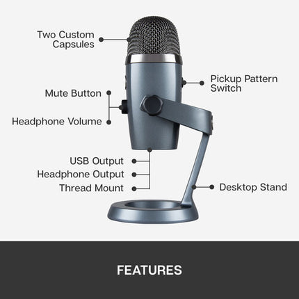 Blue Yeti Nano Micrófono USB Condensador Multi-Patrón 24-Bit 48 kHz Shadow Gray