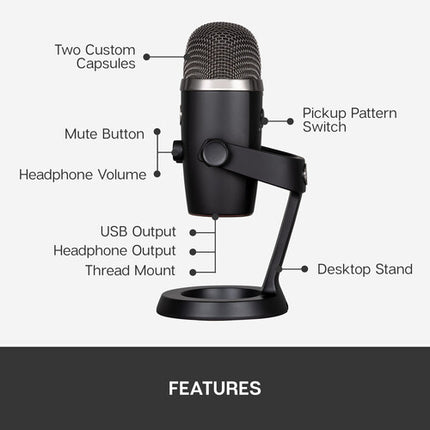Blue Yeti Nano Micrófono USB Condensador Multi-Patrón 24-Bit 48 kHz Negro