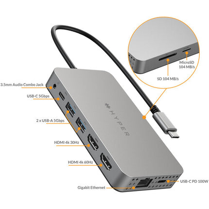 HYPER HyperDrive Dual 4K HDMI Hub USB Type-C 10 en 1 3840x2160 100W PD