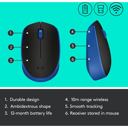 Logitech M170 Ratón Inalámbrico Azul 2.4 GHz Batería 12 Meses