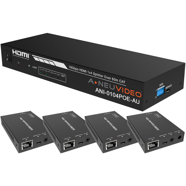 A-Neuvideo Extensor Splitter HDMI 4K60 1080p con 4 Receptores Cat 6 y Cables IR