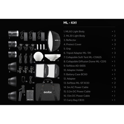Godox ML60 ML30 Kit Iluminación LED Día 3 Luces Softbox Parabólico 65 cm