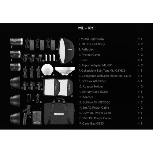 Godox ML60 ML30 Kit Iluminación LED Día 3 Luces Softbox Parabólico 65 cm