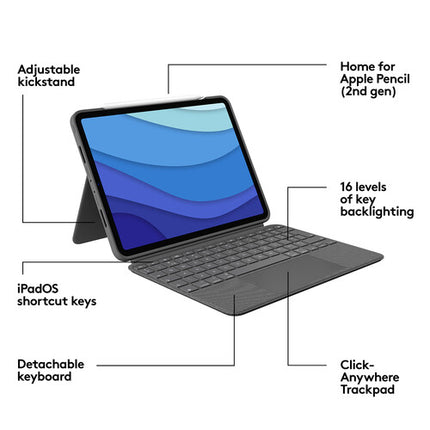 Logitech Combo Touch Funda Teclado Retroiluminado para iPad Pro 11" 1-4 Gen con Touchpad y Teclas atajo iOS