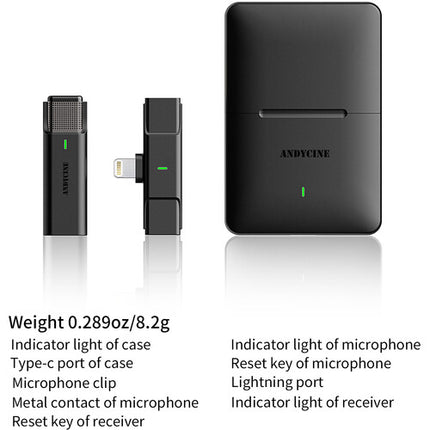 ANDYCINE ML Sistema de Micrófono Inalámbrico Digital Compacto para iPhones y iPads con Batería de 7 Horas y Alcance de 80 Metros