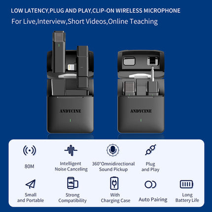 ANDYCINE ML Sistema de Micrófono Inalámbrico Digital Compacto para iPhones y iPads con Batería de 7 Horas y Alcance de 80 Metros