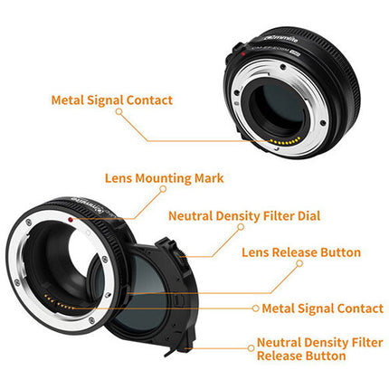 Commlite Adaptador Electrónico AF para Lente Canon EF a EF-M con Filtro ND Variable y Reducción de Exposición 1.0 a 8.6 f/Stops