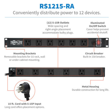 Tripp Lite Regleta para Rack 12 Tomas 120V 15A 15' Cable 1U